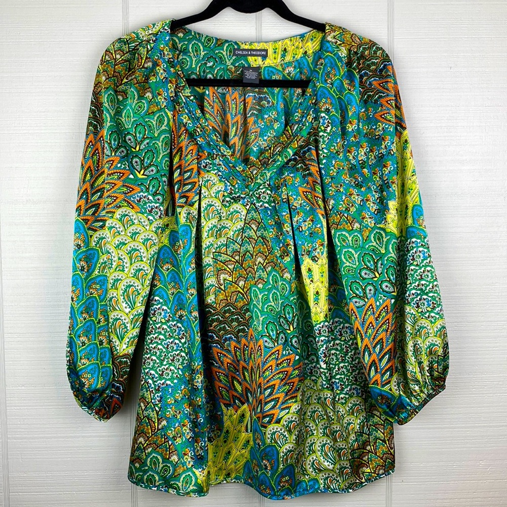 Chelsea & Theodore Patterned Multicolor Blue Green Blouse Top 3/4 Puff Sleeve